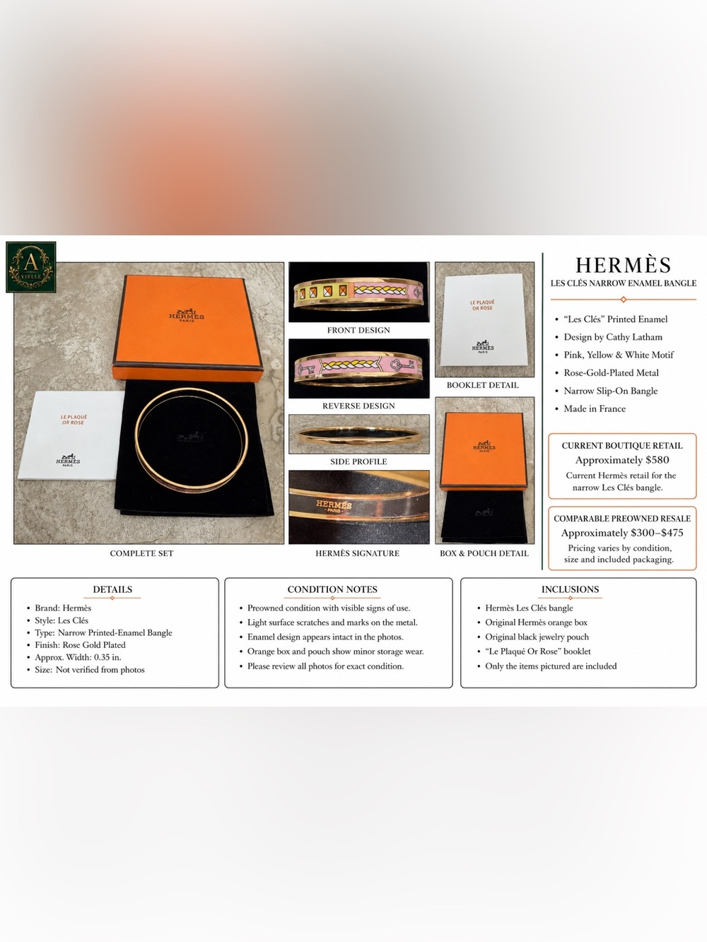 Hermès Les Clés Pink Enamel Bangle Bracelet Rose Gold Plated Size 65